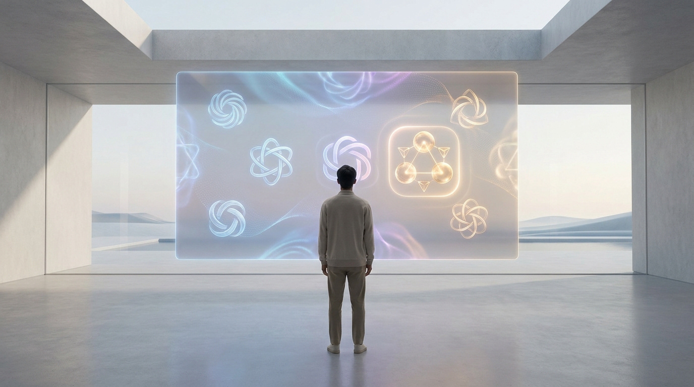Une personne regarde une interface holographique lumineuse avec des symboles technologiques abstraits dans un décor épuré.