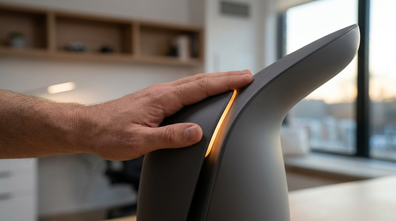 Une main masculine posée sur un appareil de plaisir design gris mat avec un voyant lumineux orange.