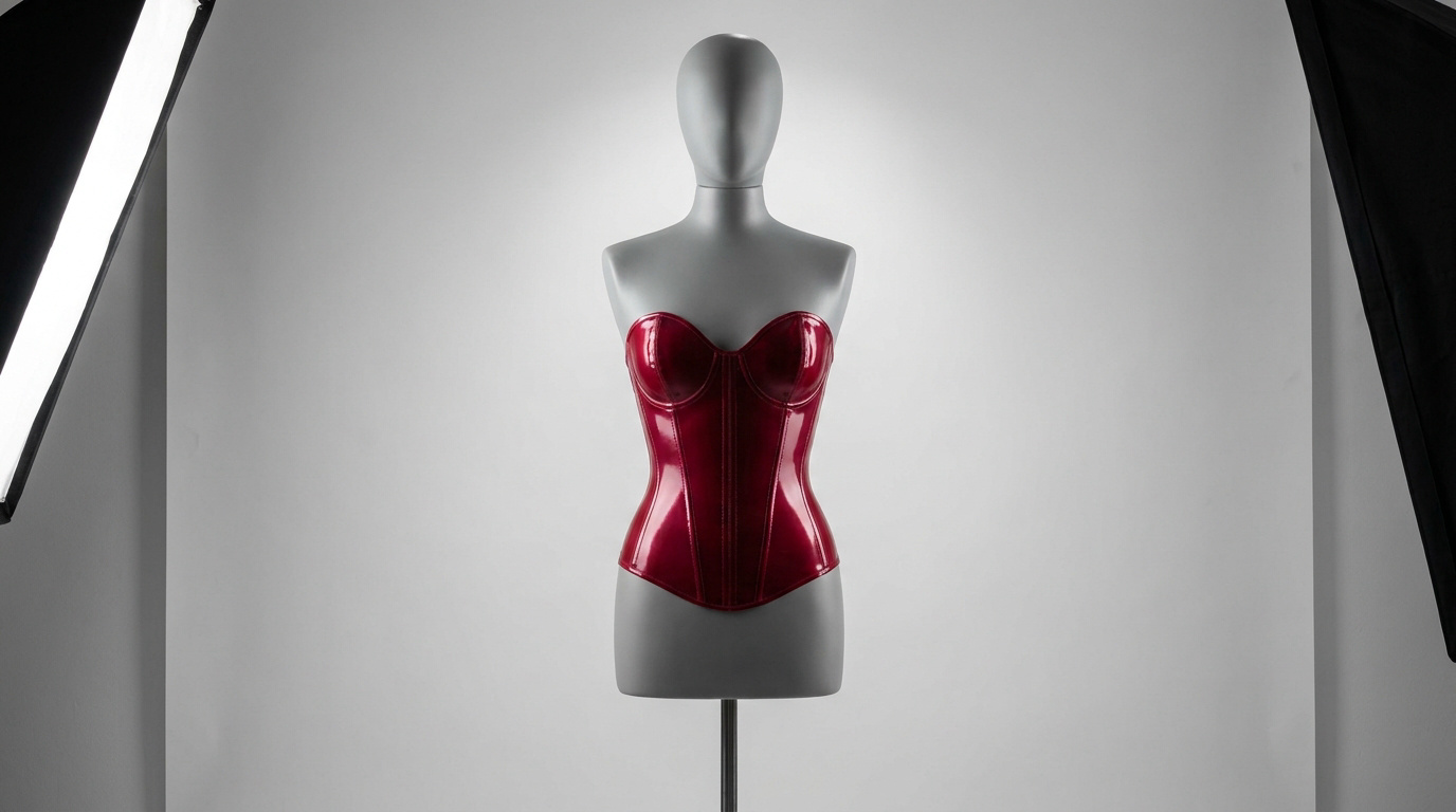 Mannequin gris portant un corset rouge brillant en latex, photographié en studio sur fond blanc.