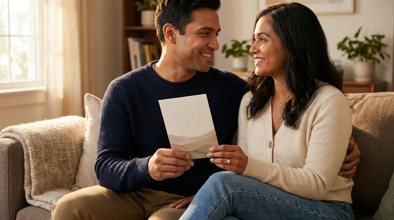 Un couple souriant assis sur un canapé, tenant ensemble une carte élégante dans un salon lumineux.