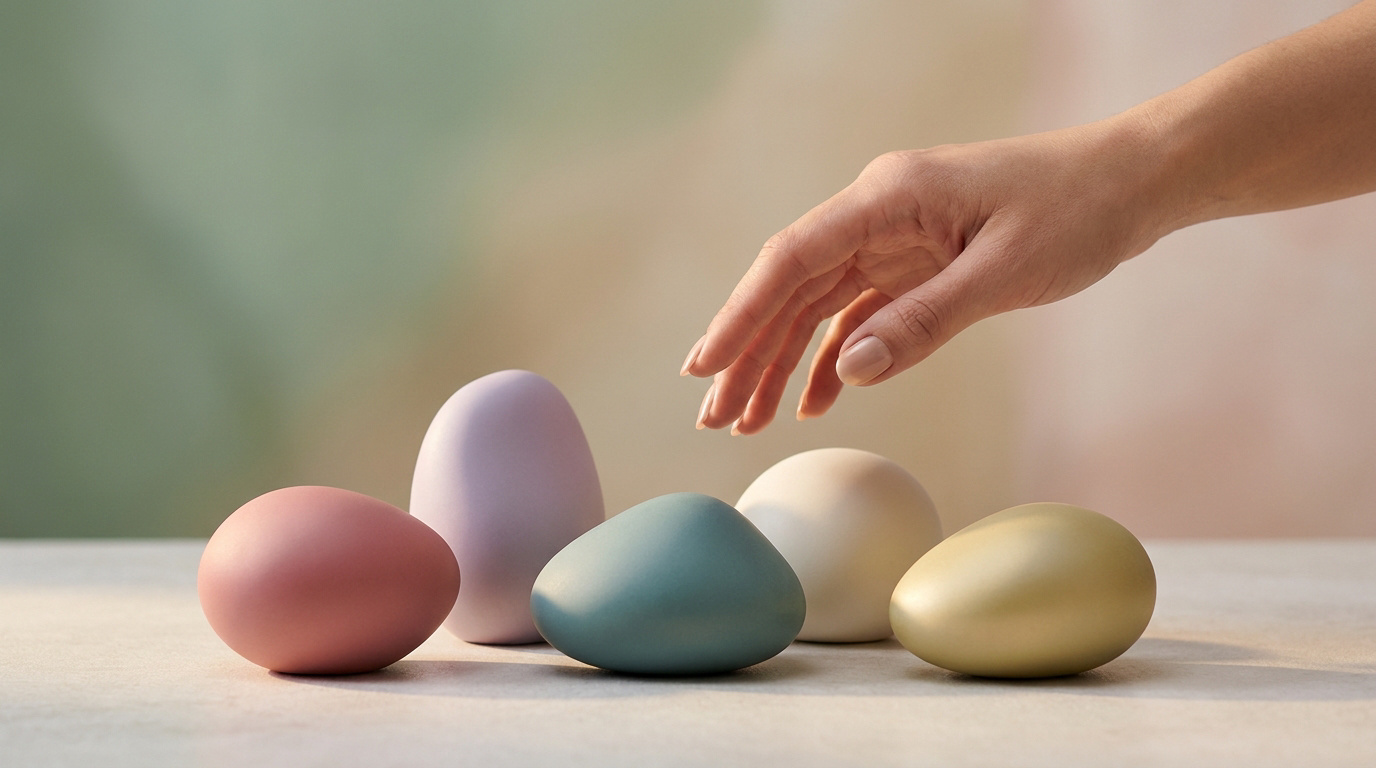 Une main féminine tendue vers une collection de stimulateurs en forme de galets aux couleurs douces sur une table.