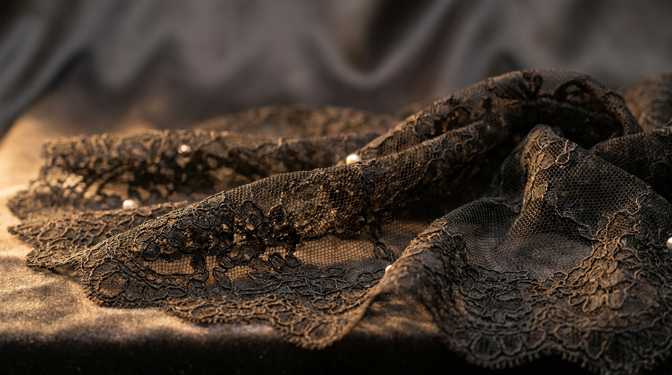 Gros plan sur de la dentelle noire fine et transparente avec des perles posée sur un tissu satiné sombre.