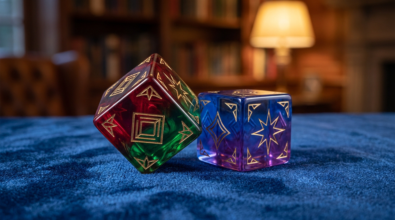 Deux dés translucides colorés gravés de motifs dorés posés sur un tissu bleu velouté, avec une bibliothèque en fond.