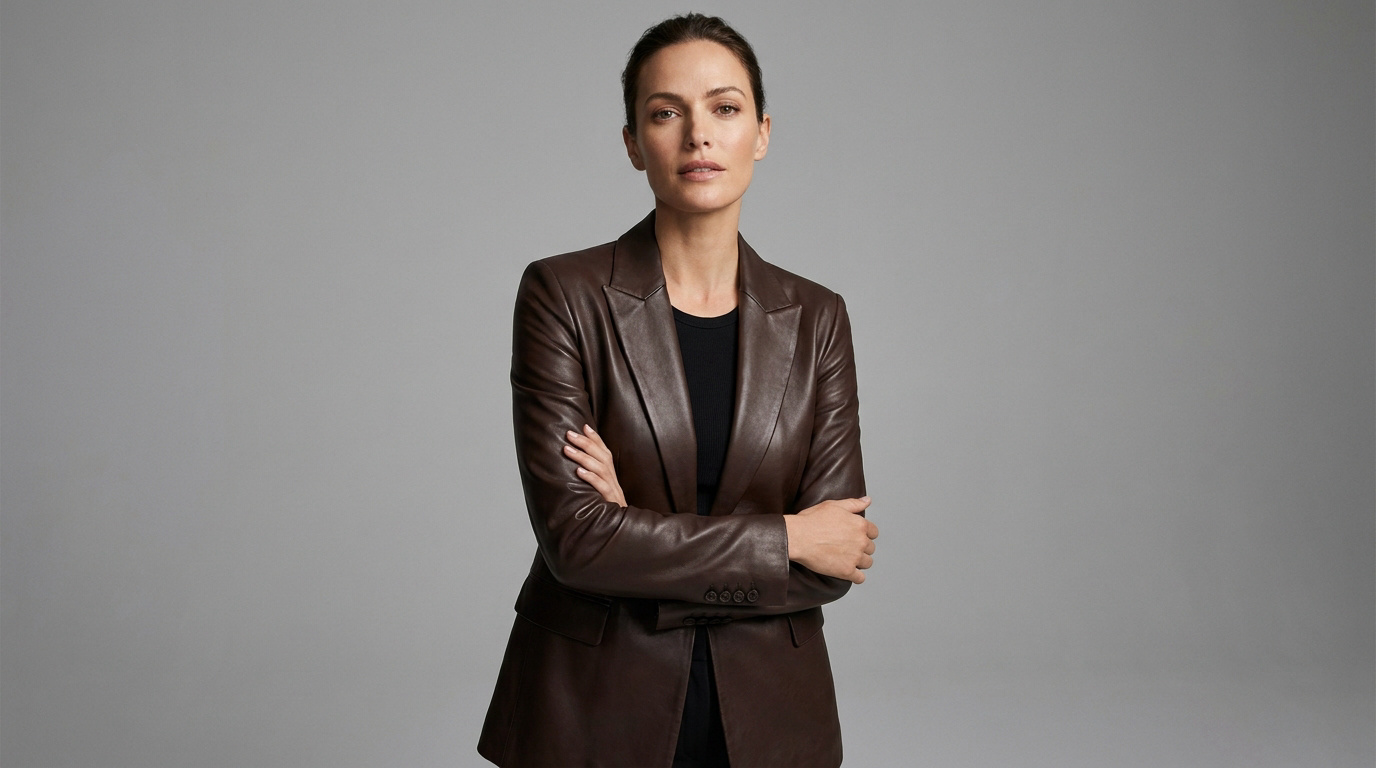 Une femme élégante aux cheveux attachés porte un blazer en cuir marron avec un haut noir sur fond gris.