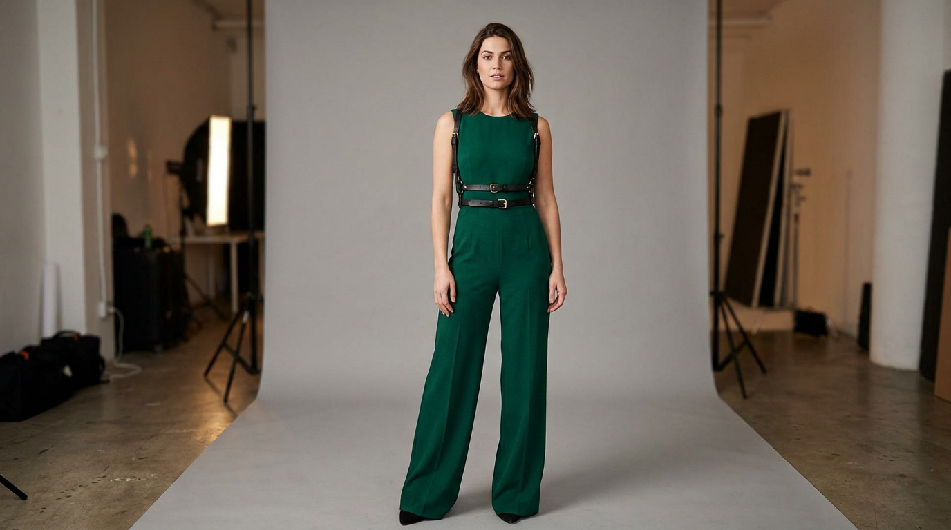 Femme portant une combinaison verte avec un harnais en cuir noir dans un studio photo.