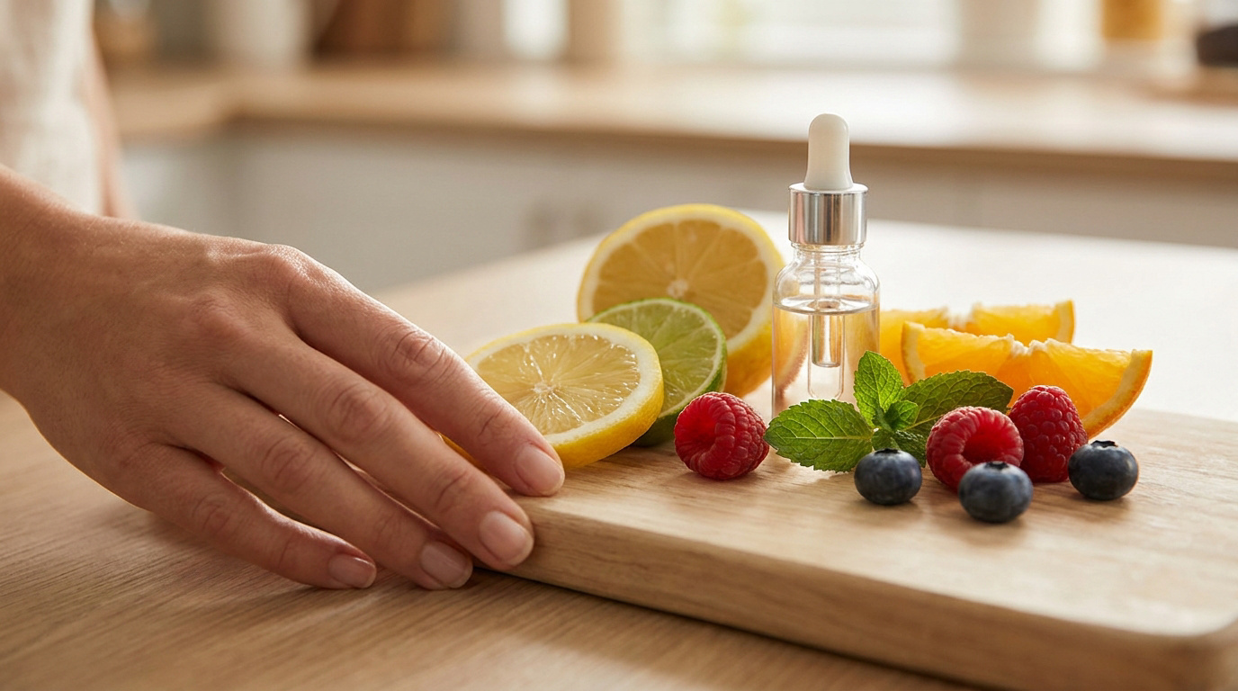 Main posée sur une planche en bois avec des fruits frais et une fiole compte-gouttes.