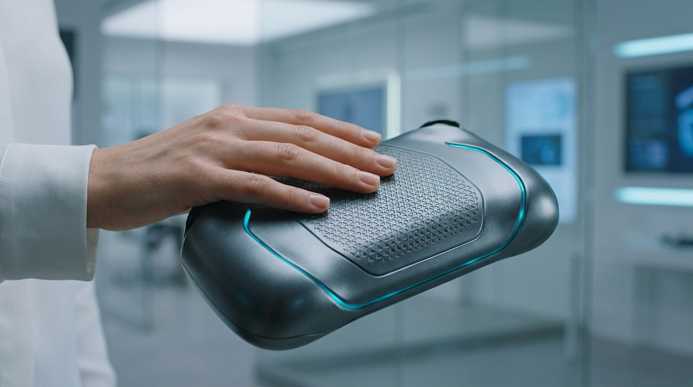 Main posée sur un appareil technologique ergonomique au design futuriste et finition métallique.