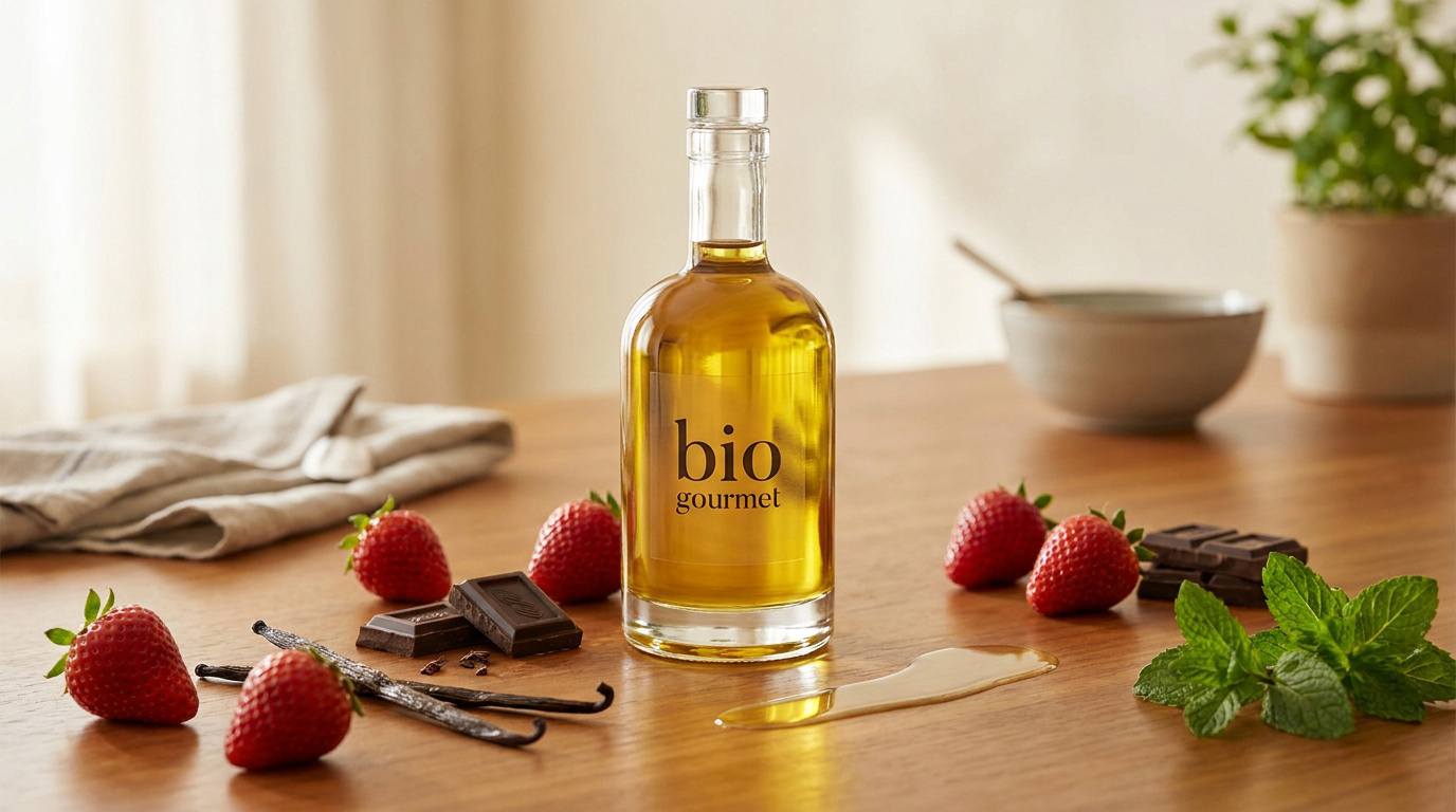 Une bouteille d'huile bio gourmet entourée de fraises, de carrés de chocolat, de gousses de vanille et de menthe fraîche.