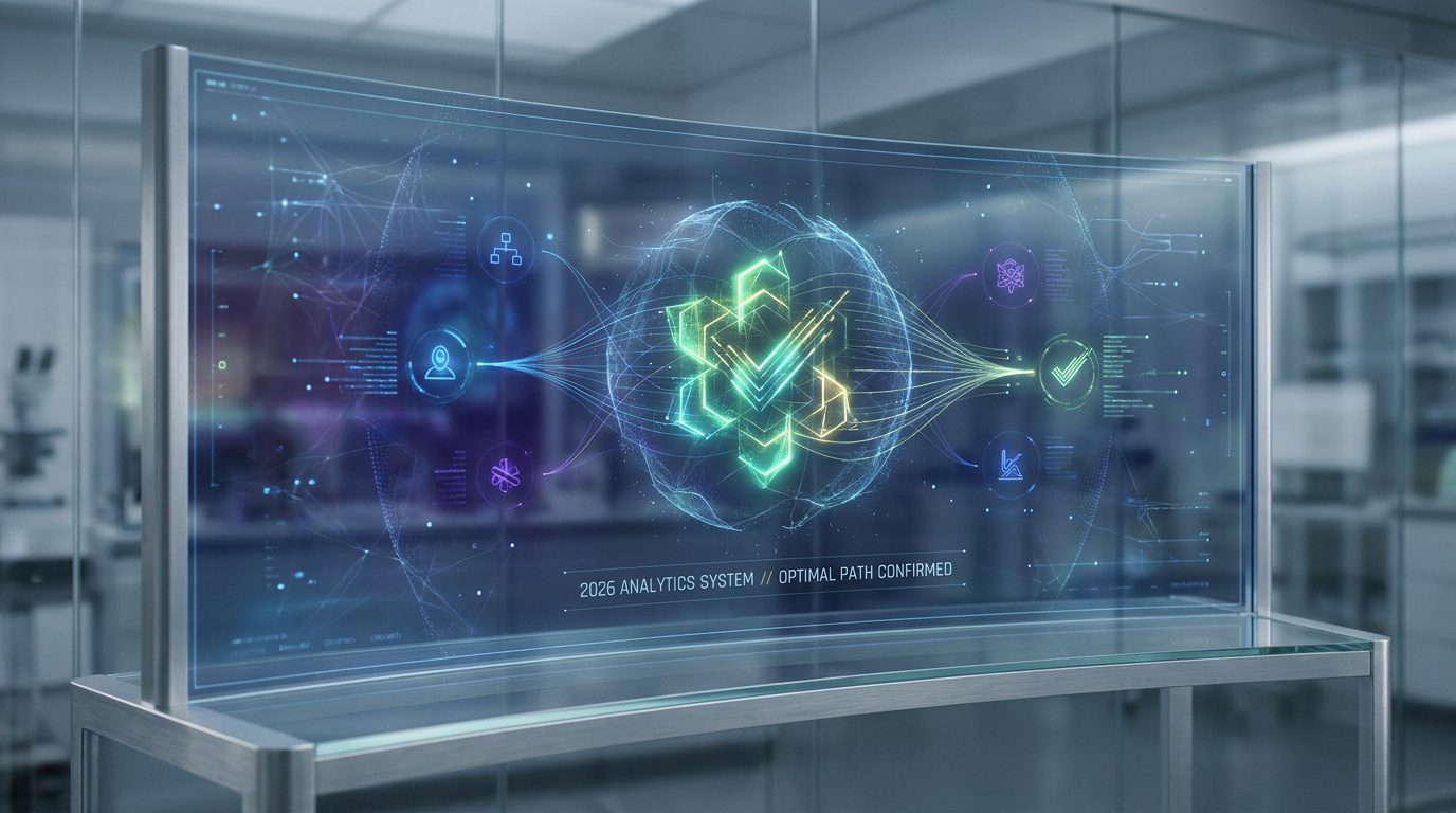 Écran holographique futuriste affichant des données complexes et le message "Optimal Path Confirmed" dans un laboratoire.