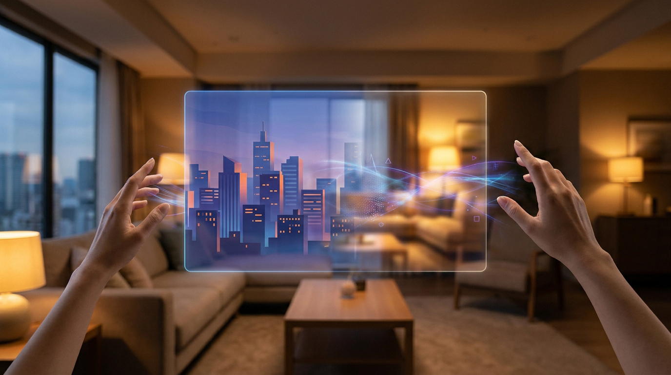 Mains manipulant un écran holographique affichant une ville, symbolisant la connexion technologique à distance.