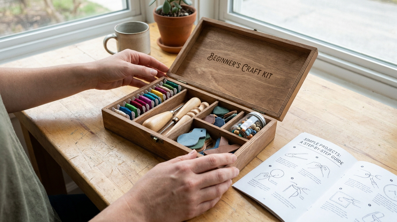 Une personne ouvre une boîte en bois « Beginner's Craft Kit » contenant des outils, des fils et du cuir sur un bureau.