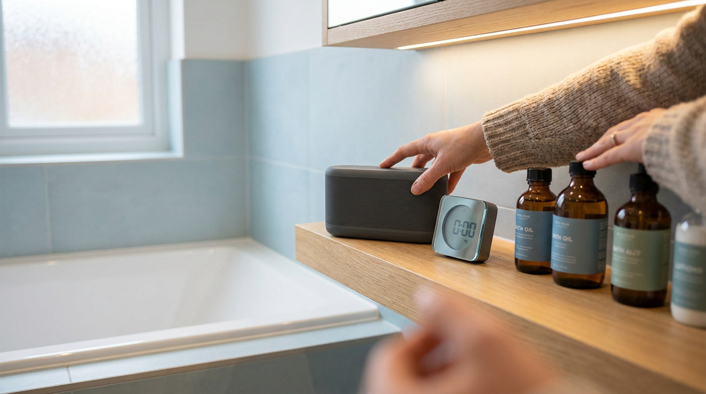 Une personne ajuste une enceinte bluetooth sur une étagère en bois près d'une baignoire et de produits de soin.