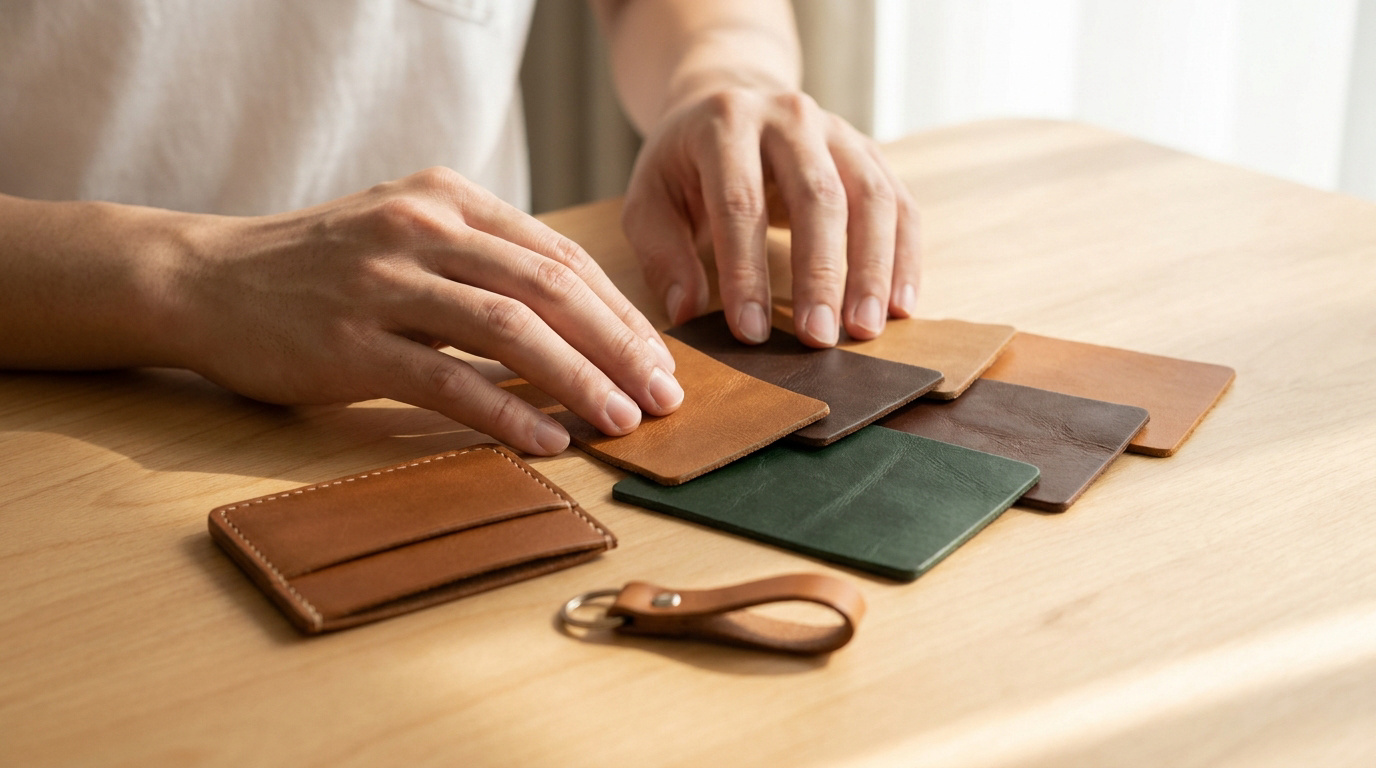 Mains d'une personne touchant des échantillons de cuir colorés sur une table en bois.