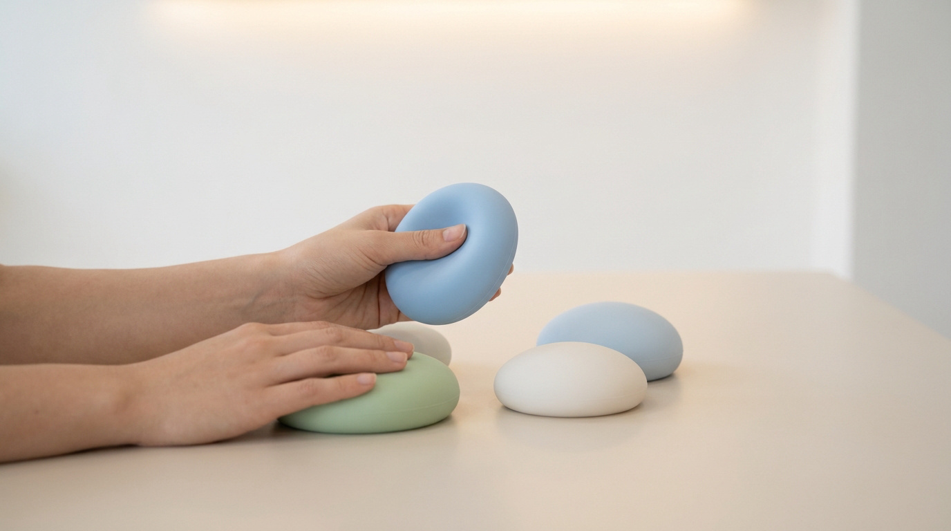 Mains tenant des objets en silicone lisses et arrondis aux couleurs pastel sur une table.
