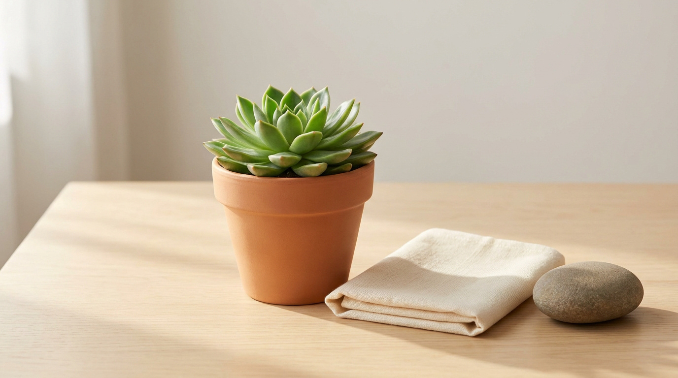 Une succulente dans un pot en terre cuite posée sur une table en bois clair, à côté d'un tissu en coton et d'un galet.