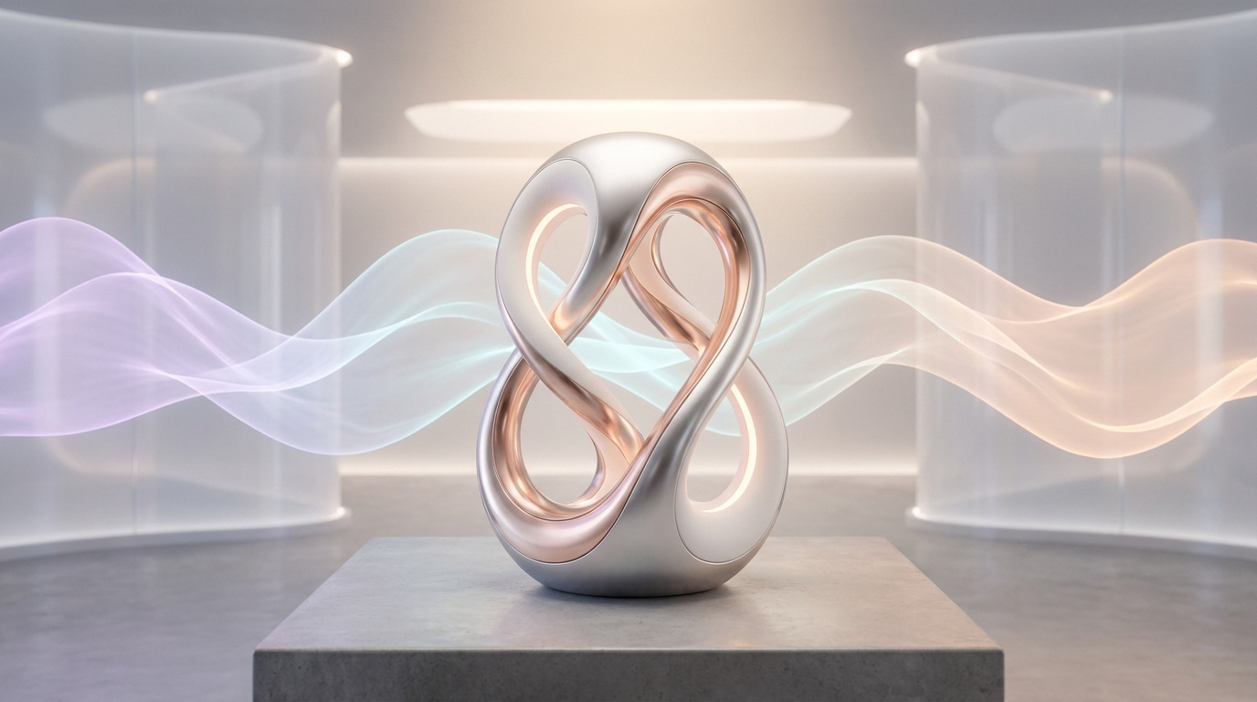 Un objet design abstrait en forme de boucle infinie, aux reflets argentés et cuivrés sur un piédestal dans un studio.
