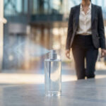 Un flacon de parfum vaporisant une brume fine avec une personne en arrière-plan flou en ville.