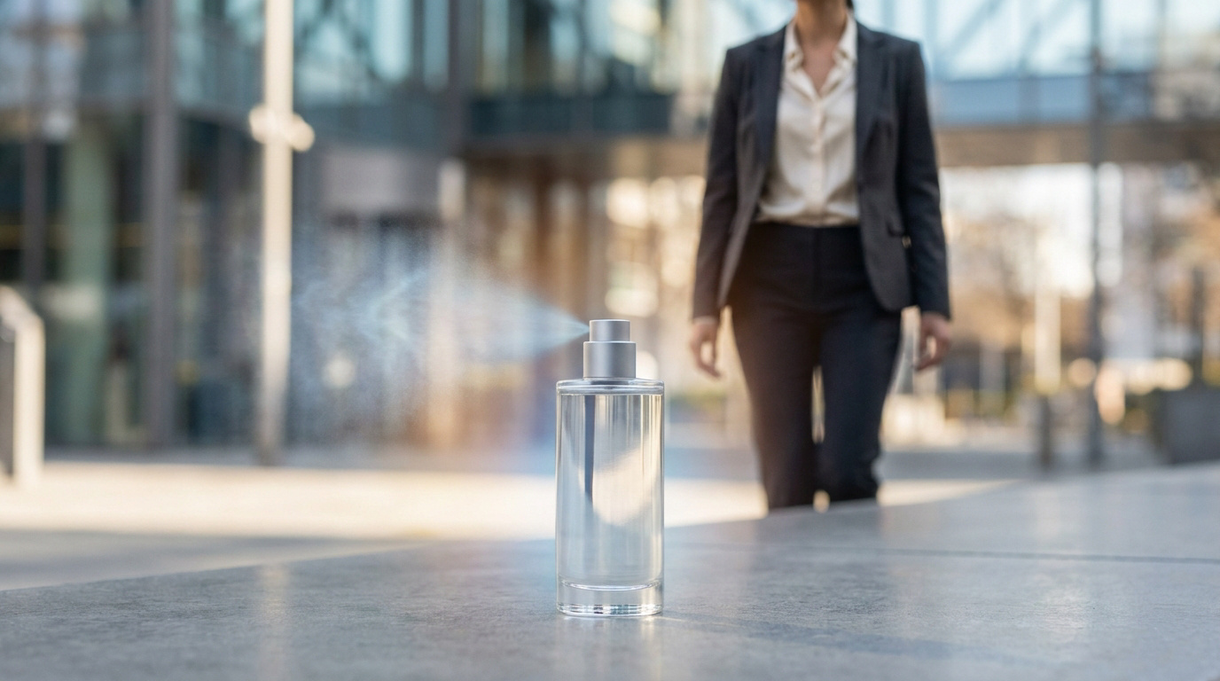 Un flacon de parfum vaporisant une brume fine avec une personne en arrière-plan flou en ville.