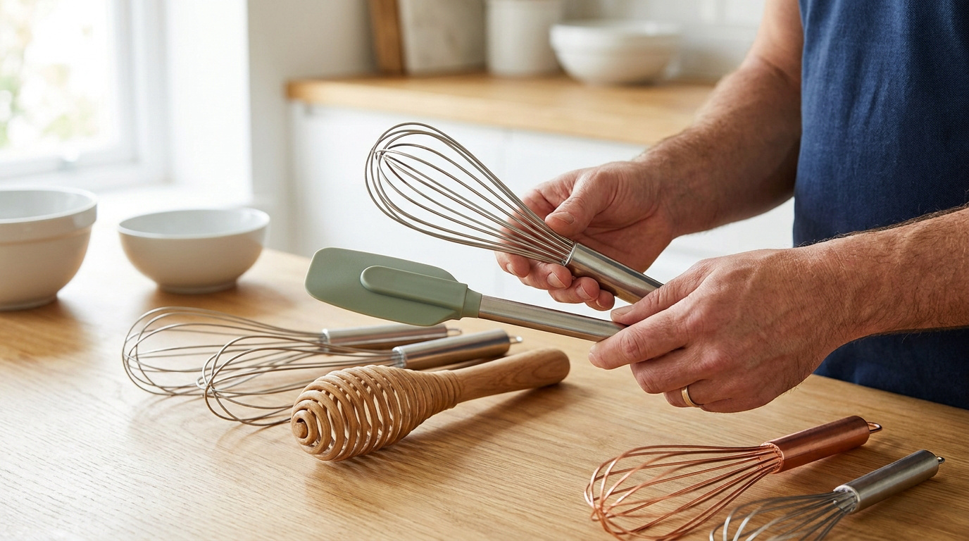 Mains tenant un fouet en métal et une spatule en silicone dans une cuisine avec divers accessoires sur la table.