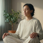 Femme sereine en vêtements confortables pratiquant la méditation assise dans une pièce lumineuse.