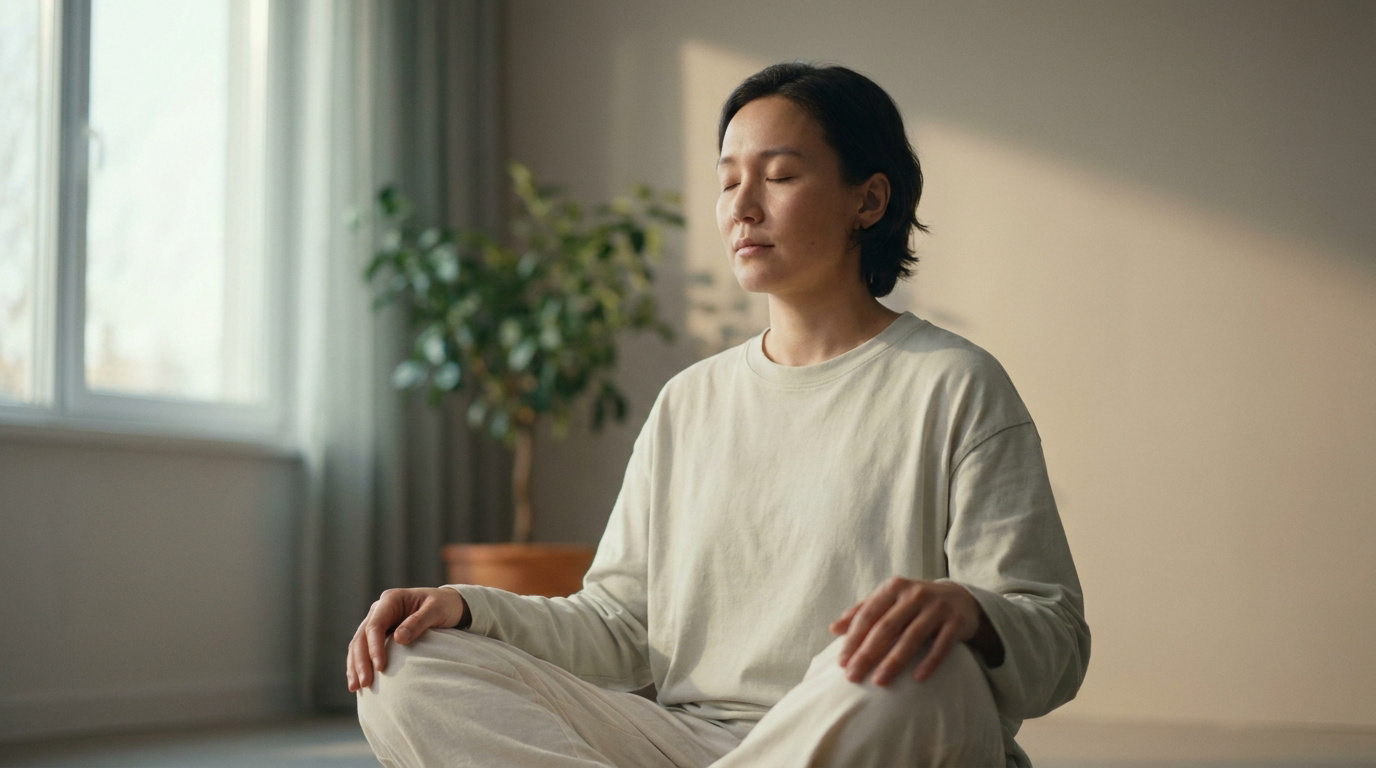 Femme sereine en vêtements confortables pratiquant la méditation assise dans une pièce lumineuse.
