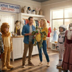 Couple souriant dans une boutique de costumes choisissant une marionnette dragon parmi des déguisements d'enfants.