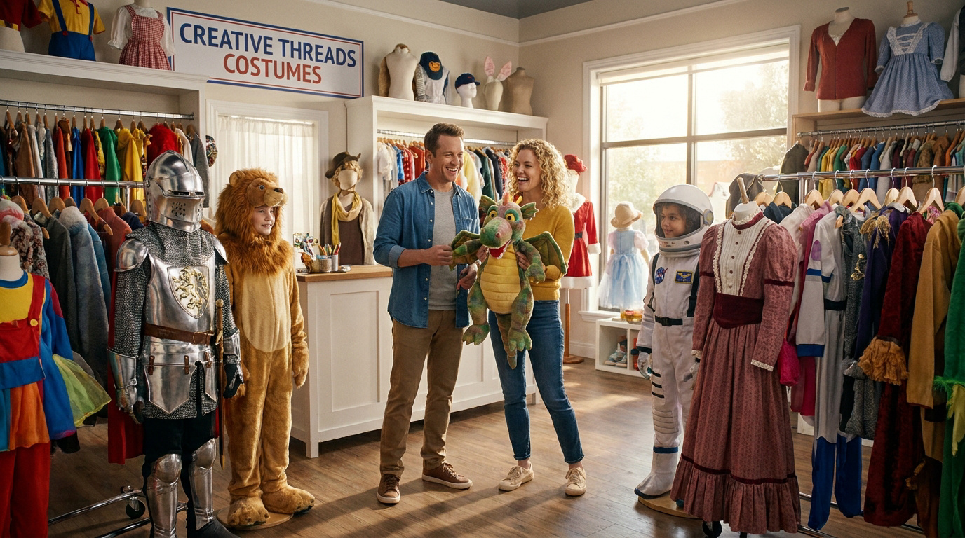 Couple souriant dans une boutique de costumes choisissant une marionnette dragon parmi des déguisements d'enfants.