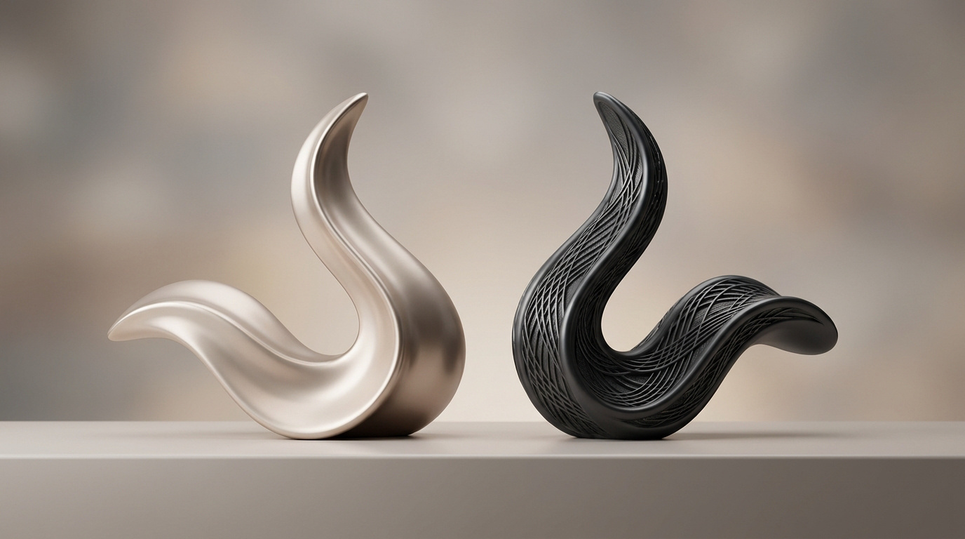 Deux formes abstraites incurvées, l'une lisse et beige, l'autre noire avec une texture de filet, sur un socle.