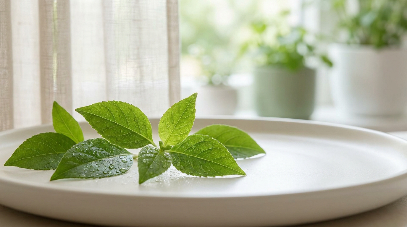Feuilles vertes fraîches avec des gouttes de rosée posées sur une assiette en céramique blanche près d'une fenêtre.