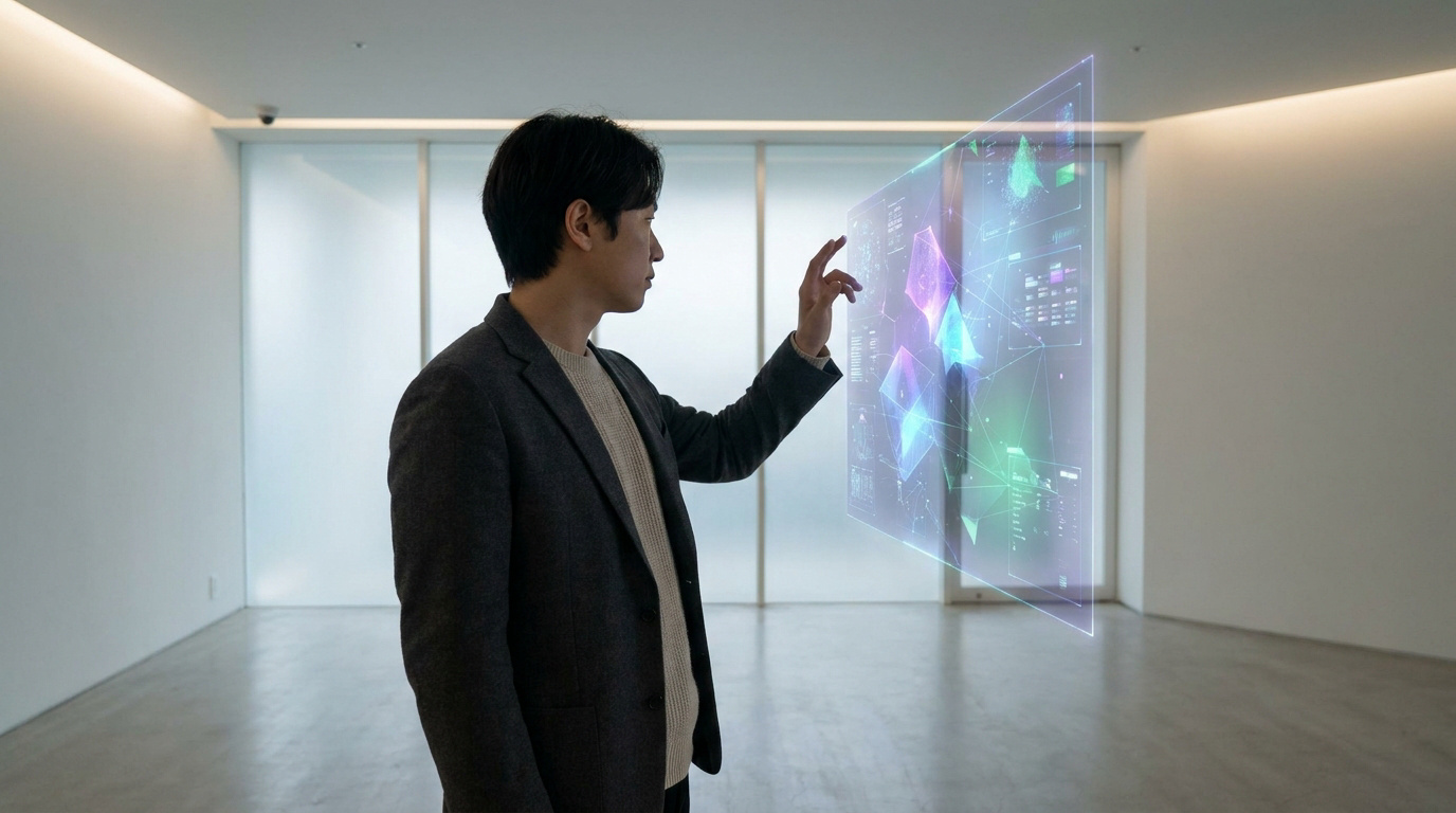 Un homme d'affaires interagissant avec une interface numérique holographique flottante dans une pièce minimaliste.