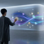 Une personne interagit avec une interface holographique fluide dans un espace minimaliste et futuriste.