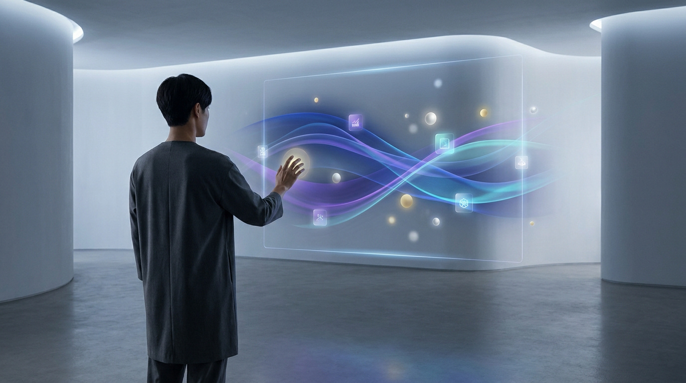 Une personne interagit avec une interface holographique fluide dans un espace minimaliste et futuriste.