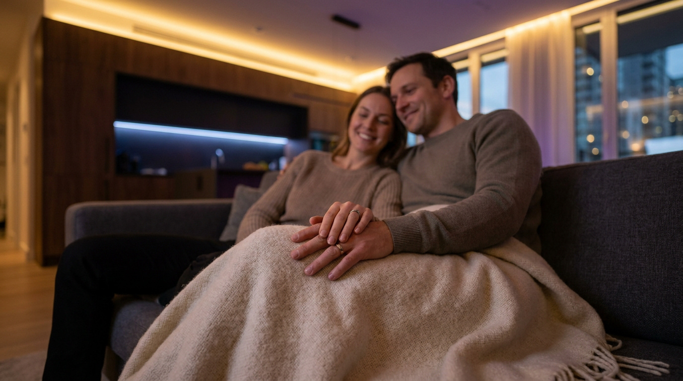 Un couple complice se tenant la main sous une couverture sur un canapé dans un salon moderne.