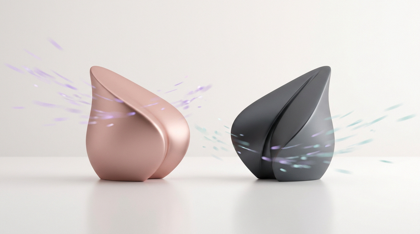 Deux stimulateurs clitoridiens, l'un rose et l'autre gris, entourés de particules lumineuses sur un fond blanc.