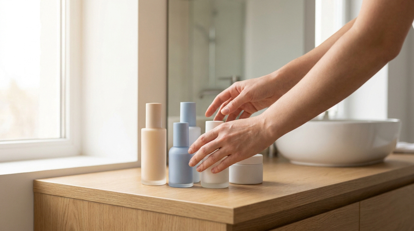 Mains posées sur des flacons de soins cosmétiques sur un comptoir de salle de bain lumineux.