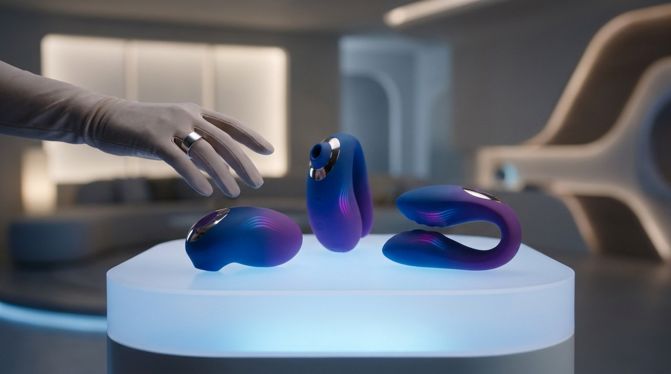 Main gantée surmontant trois vibromasseurs modernes aux teintes violettes sur un socle lumineux dans un décor futuriste.